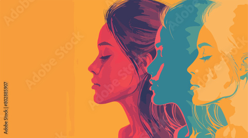 Beautiful thoughtful young women on color background