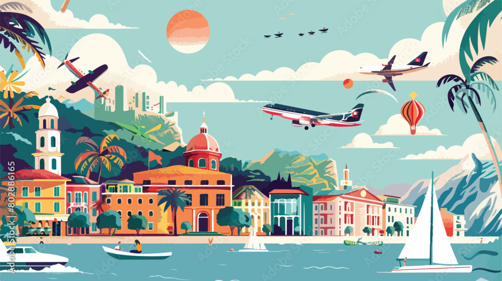 Beautiful travel collage. Banner for design Vector style