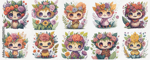 Collection of Whimsical Forest Creatures Adorned With Colorful Floral Arrangements