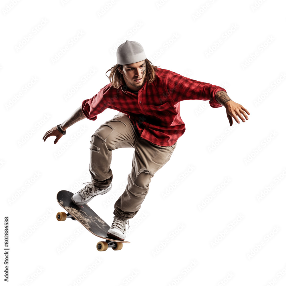 A male skateboarder doing tricks, isolated on a white background, shows an urban lifestyle and sport. Generative AI A male skateboarder doing tricks, isolated on a white background, shows an urban lifestyle and sport. Generative AI
