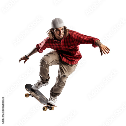 A male skateboarder doing tricks, isolated on a white background, shows an urban lifestyle and sport. Generative AI
