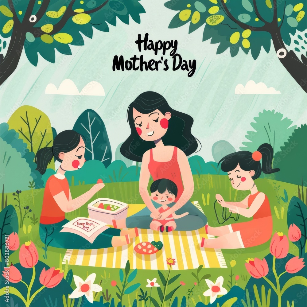 A delightful image showcasing a mother with her children engaged in a cheerful picnic, celebrating Mothers Day amidst a field of tulips. A delightful image showcasing a mother with her children engaged in a cheerful picnic, celebrating Mothers Day amidst a field of tulips.