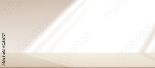 Background Beige Wall Studio with Shadow and Light on Surface Texture on floor,Spring Backdrop Empty Room with Podium Display and Top Shelf Bar for Product,Template Banner for Autumn collection