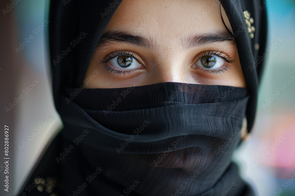 Generative AI illustration of charming abaric woman in hijab headscarf, religious woman in modern world Generative AI illustration of charming abaric woman in hijab headscarf, religious woman in modern world