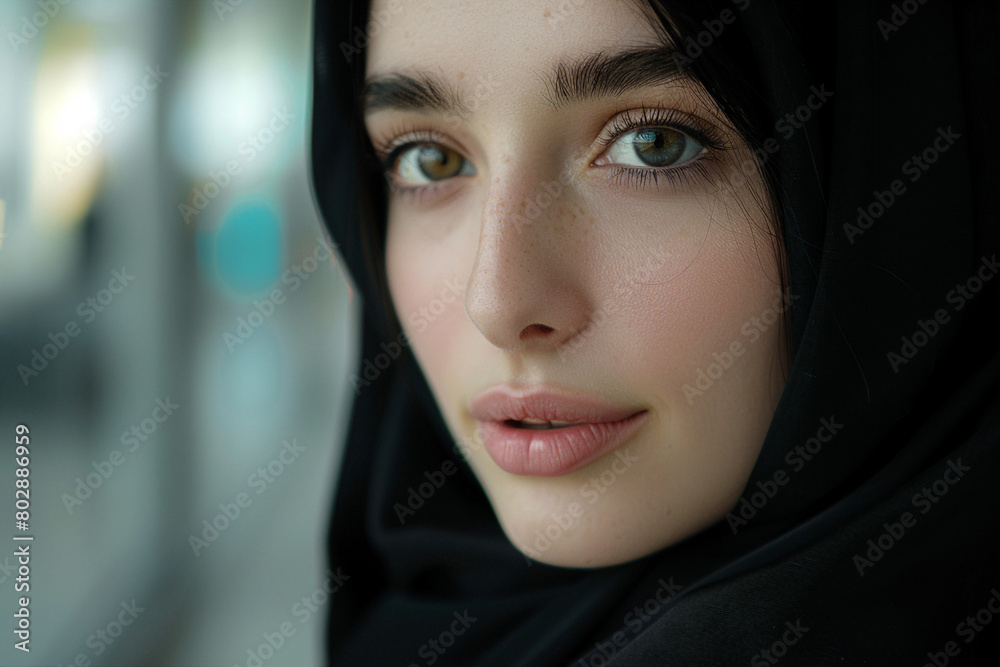 Generative AI illustration of charming abaric woman in hijab headscarf, religious woman in modern world Generative AI illustration of charming abaric woman in hijab headscarf, religious woman in modern world