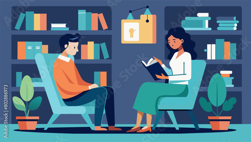 A person sitting in a comfortable rocking chair surrounded by shelves of books and discussing their innermost thoughts with a supportive the.. Vector illustration