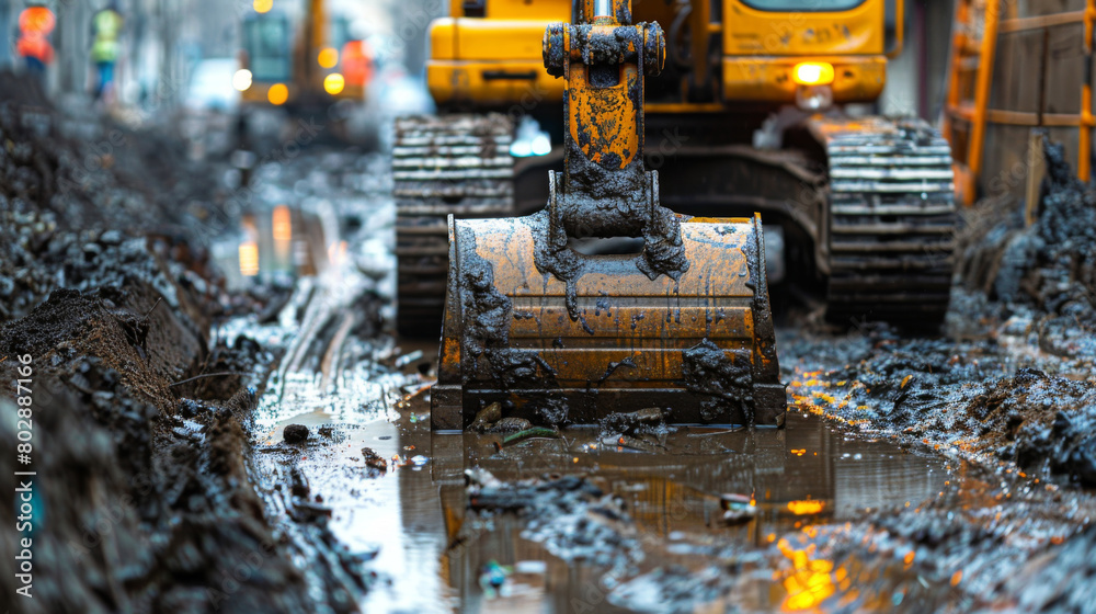 Heavy machinery at work at construction site. Rebuilding, reshaping, excavating, expanding. Hard work. Heavy machinery at work at construction site. Rebuilding, reshaping, excavating, expanding. Hard work.