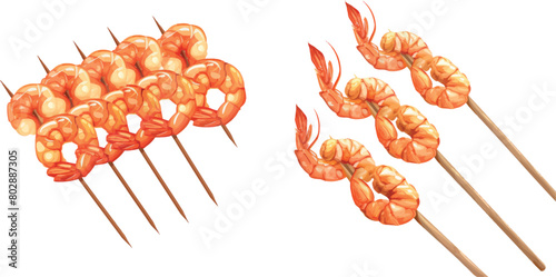 Roasted shrimps on wooden stick