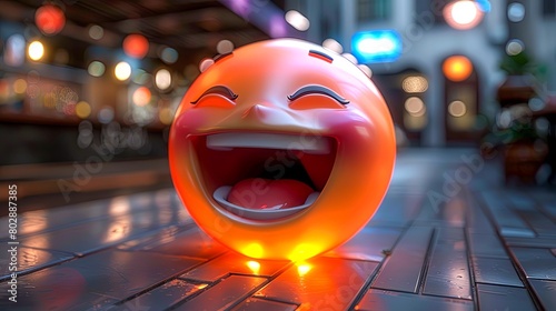 3D rendering of a glowing orange emoji laughing hysterically under a dim street light. photo