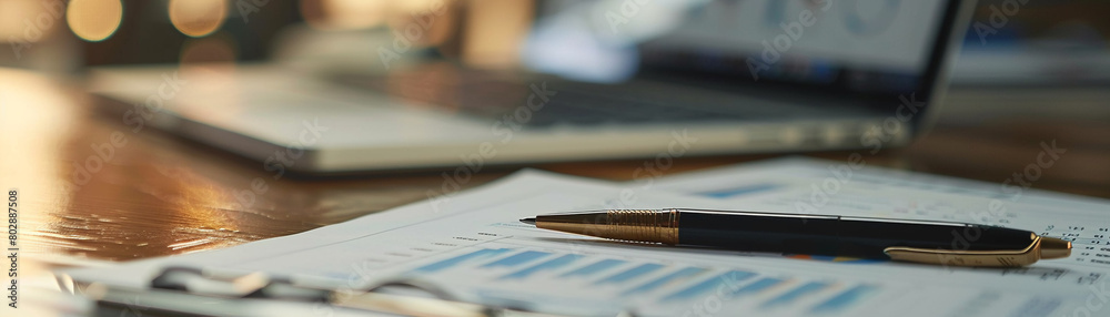 Close-up on an open laptop with a pen on top of an analytics report, focusing on data interpretation Close-up on an open laptop with a pen on top of an analytics report, focusing on data interpretation
