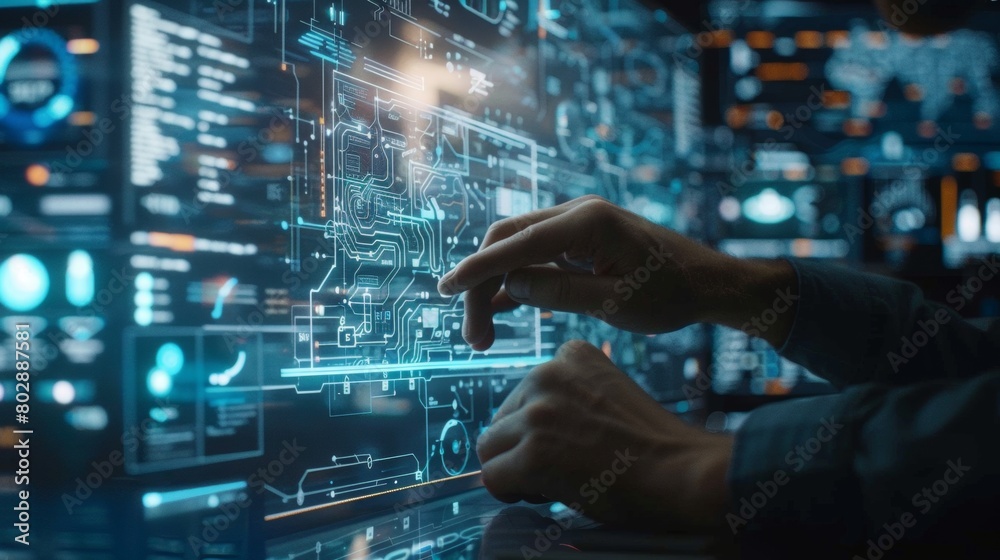 Businessman works on digital sketches of a startup concept with futuristic holographic interface Businessman works on digital sketches of a startup concept with futuristic holographic interface