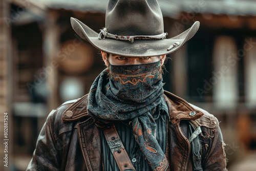 Generative AI picture Portrait of wild west retro movie western city town with cowboys and cowgirls and horses