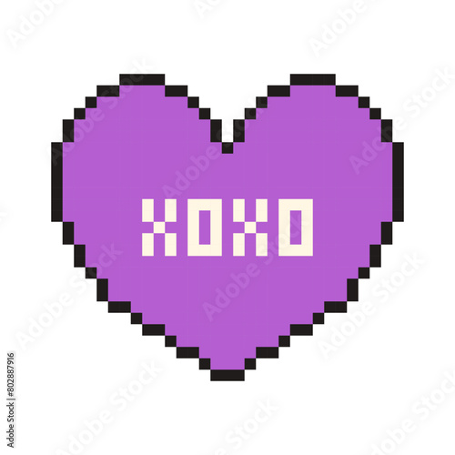 Pixel heart with text Xoxo in retro style. Vintage love symbol, 8 bit vector illustration for computer game.