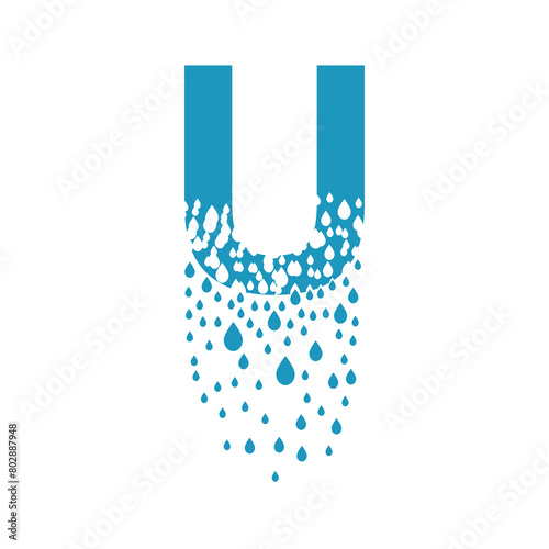 The letter U dissolves into droplets. Drops of liquid fall out as precipitation. Destruction effect. Dispersion