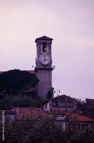 Skyline of old harbour Vieux Port and old town Le Suquet with clock tower, Cannes, french riviera, South France during 1990s