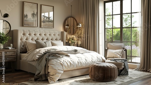 3D rendering of cozy bedroom with neutral decor and soft bedding