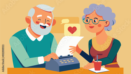 An elderly man chuckling as his wife marvels at a vintage typewriter recalling how he used to write her love letters on one just like it.. Vector illustration