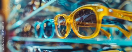 Yellow eyeglasses prominently displayed with a blurred blue background, vibrant and colorful optics concept.