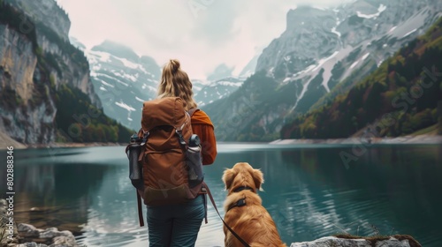 girl with backpack and dog standing near mountain lake photo