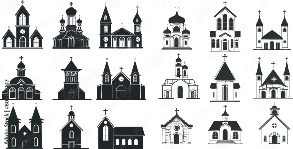Christian churches set. Line, silhouette and flat style church