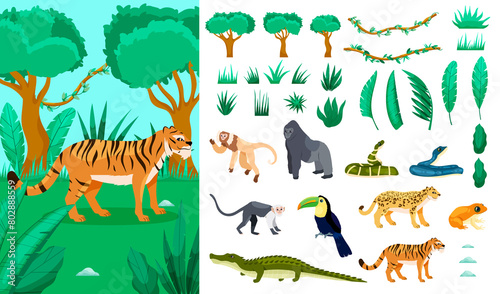 Hand drawn flat jungle icons with illustration with animals