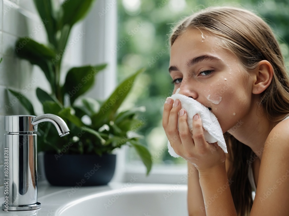 Happy young beautiful Caucasian woman takes care of her facial skin.