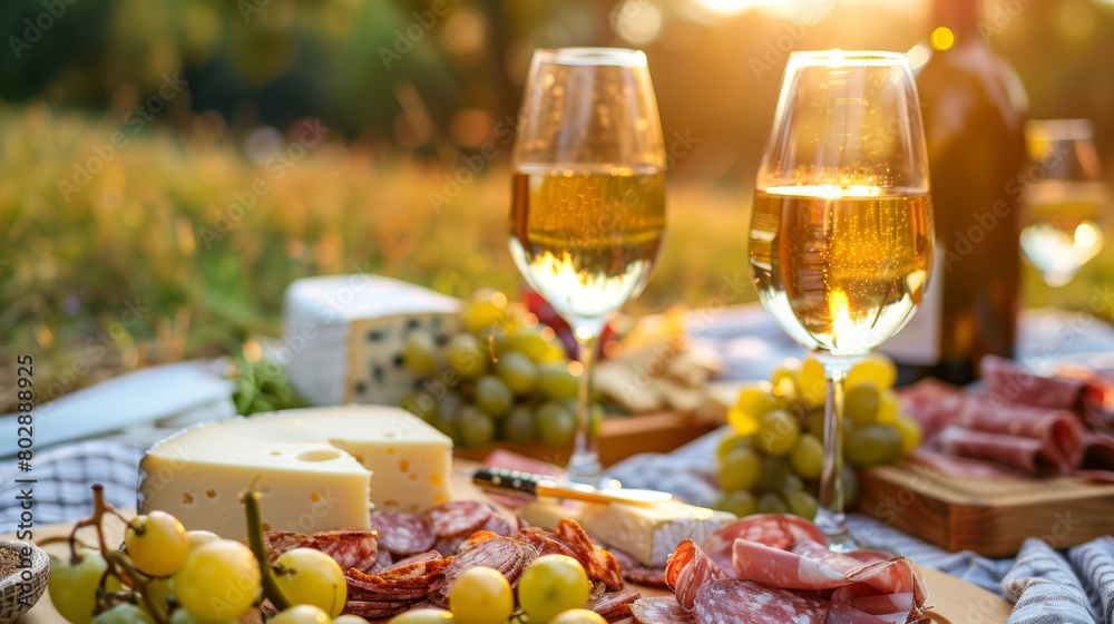 Wine glasses, bottle of white wine, assorted cheeses and meats on wooden platter in field at sunset