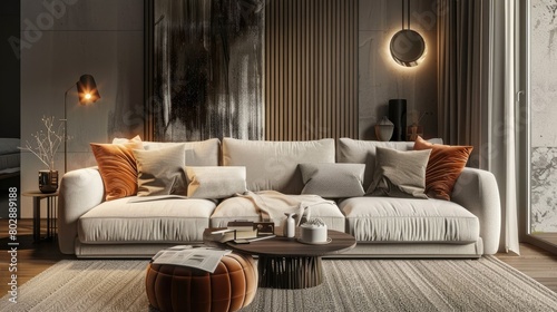 3D rendering of cozy living room with comfortable sofa and warm lighting