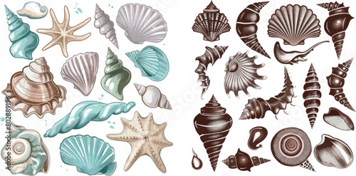Sea shells and pearl seashell silhouettes