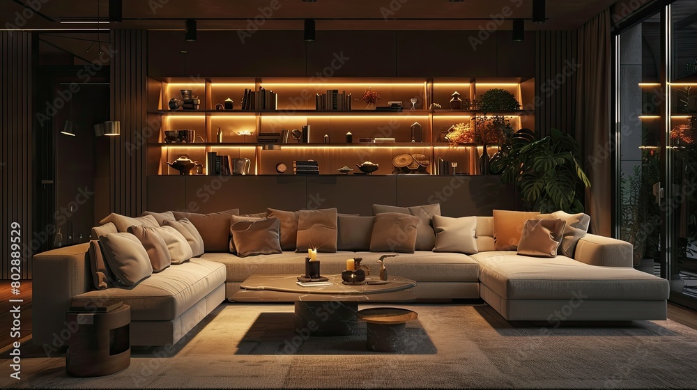 3D rendering of cozy living room with comfortable sofa and warm lighting