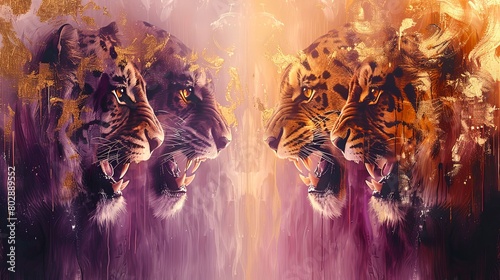 The image shows a face of a tiger, with a colorful and painterly background