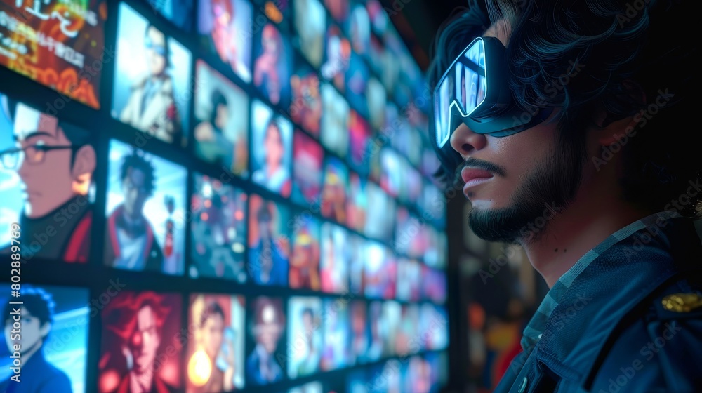 The image shows a person wearing a virtual reality headset. He is looking at a wall of screens, each of which is showing a different video. The image shows a person wearing a virtual reality headset. He is looking at a wall of screens, each of which is showing a different video.