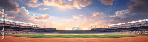 A baseball field at dusk, with the home plate in focus and an empty stadium under a vast sky, capturing the calm before a game. photo