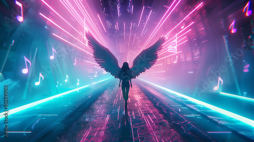 Inspiration. A girl with huge wings walking in the center of an endless digital road with neon notes floating around her. The scene is illuminated by neon lights photo