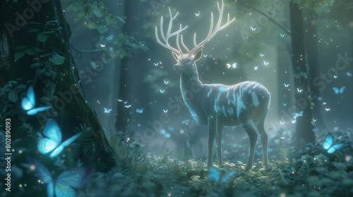 Magical Deer Surrounded by Glowing Butterflies