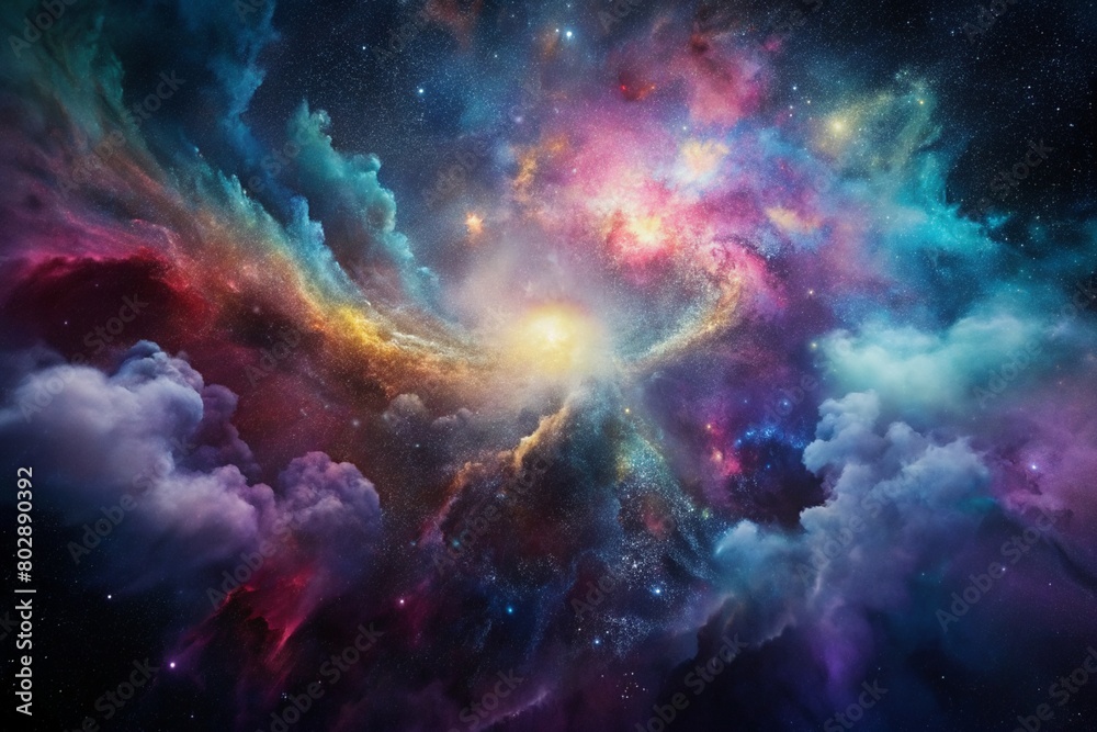 Obraz premium Abstract Nebula: Nebula-inspired splatters of cosmic colors against a dark background, resembling the swirling gases and dust clouds of distant galaxies. 