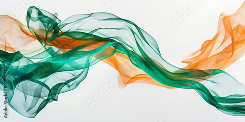 quid ribbons of emerald green and tangerine orange merging seamlessly in water, creating a mesmerizing abstract dance on a pure white surface. photo
