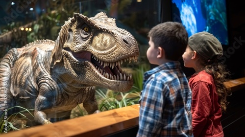 Two children looking at a realistic T-Rex dinosaur model in a museum.