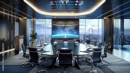 Corporate boardroom with multimedia presentation screens and a speaker podium. photo