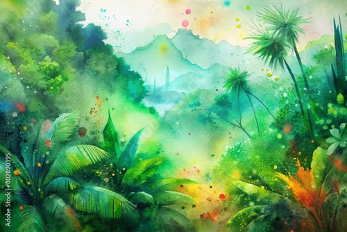 Abstract Jungle: Lush green foliage and vibrant splatters of tropical colors, creating an abstract interpretation of a dense jungle landscape filled with life and energy. 
