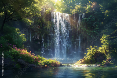 Sunlit waterfall in a lush green forest with blooming flowers and tranquil pond  generative ai
