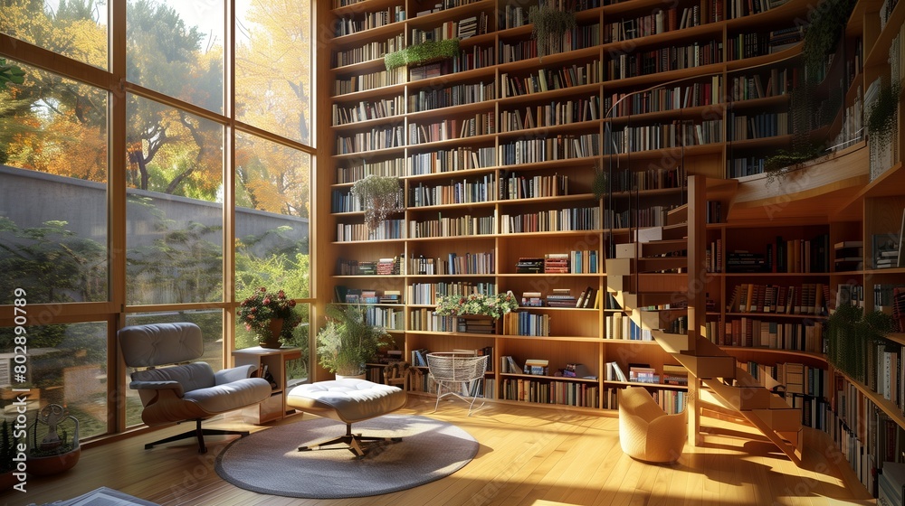 Cozy home library with floor-to-ceiling bookshelves and a reading nook. Cozy home library with floor-to-ceiling bookshelves and a reading nook.
