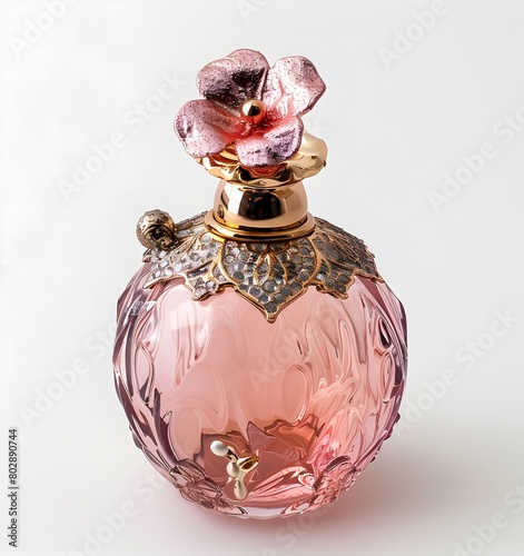 Cute pink glass perfume bottle with a gold cap and flower decoration on a white background