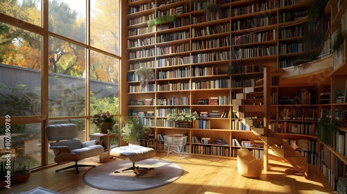 Cozy home library with floor-to-ceiling bookshelves and a reading nook.