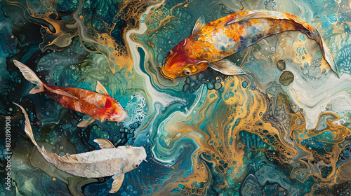 Abstract fluid expression koi fish swimming in water, Asian feng shui illustration, Aesthetics colorful nature inspirational tenderness illustration, oil paint, Wall decoration photo, Generated AI.