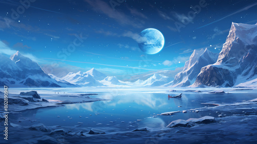 Arctic landscape with blue starry sky