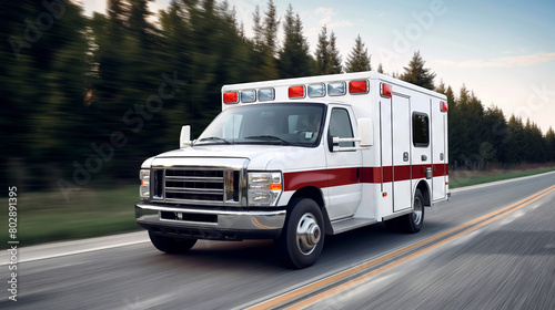An ambulance speeds down highway, city backdrop, lights flashing