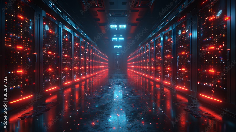 A banner-style 3D illustration showcasing a server room in a data center filled with telecommunication equipment, highlighting the concept of big data storage and cloud hosting technology.