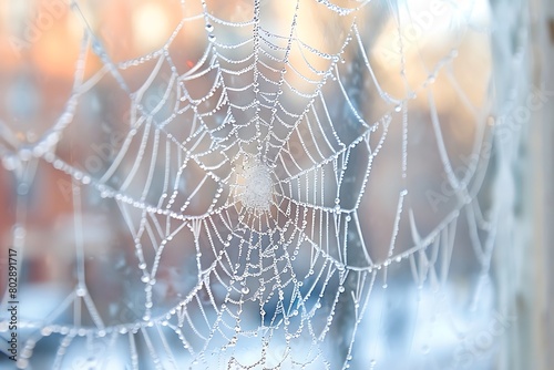 Frost patterns spider-webbing across a windowpane photo