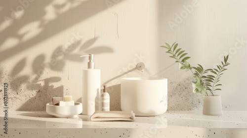 Minimalist skincare products display with natural shadows. 3D illustration with clean design elements